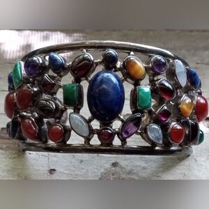 Sterling 925 Multi Stones Confetti Style Cuff Bracelet 47 Grams